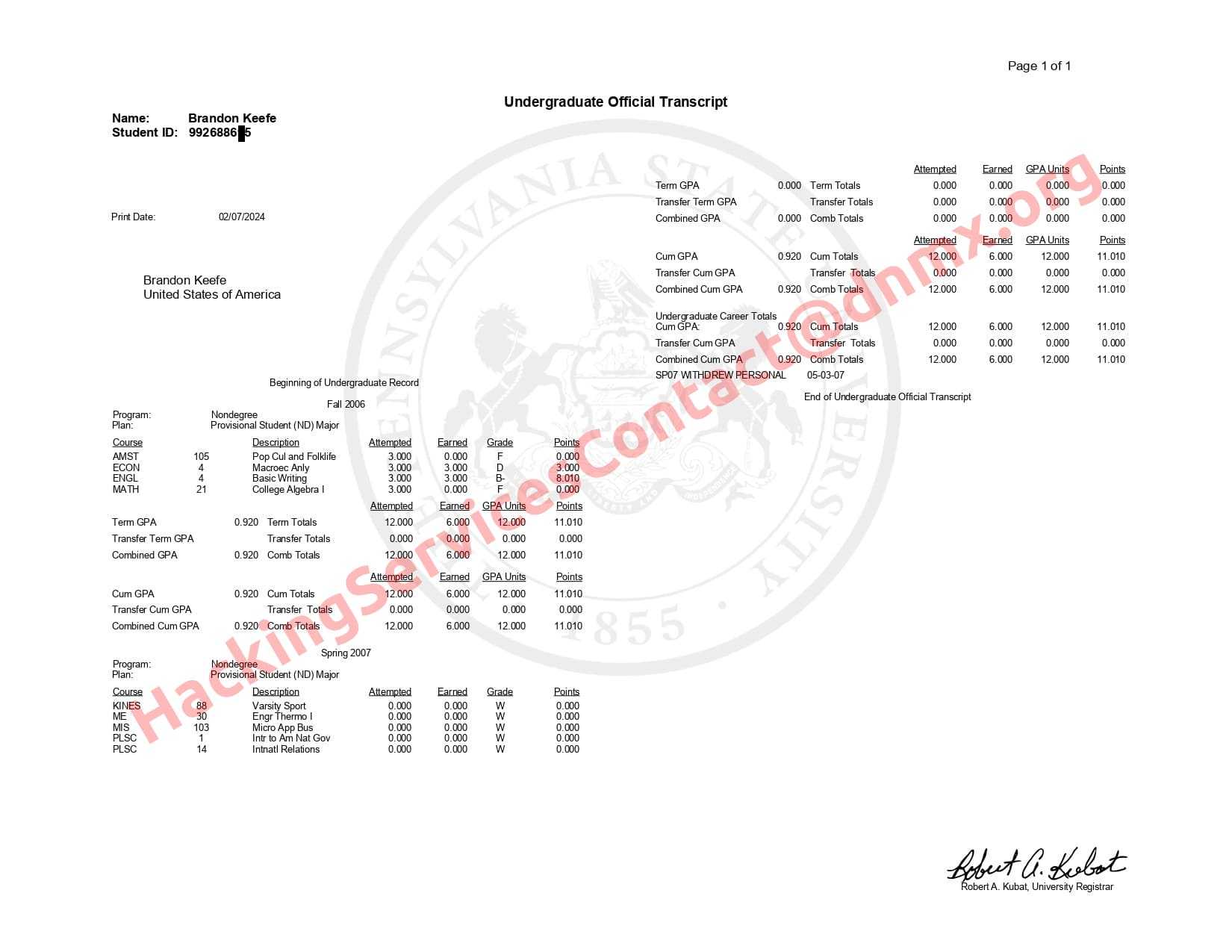 Undergraduate Official Transcript